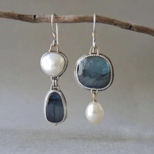 Vintage Natural Blue Stone Earrings with Pearls