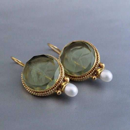 Round Green Stone & Pearl Earrings