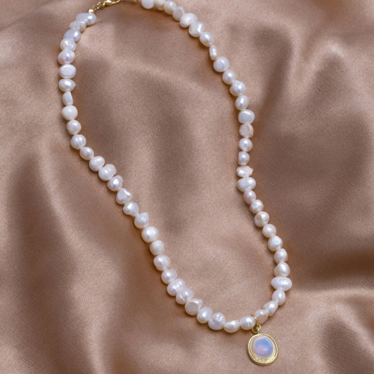 Gold Pearl Necklace with Moonstone