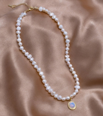 Gold Pearl Necklace with Moonstone