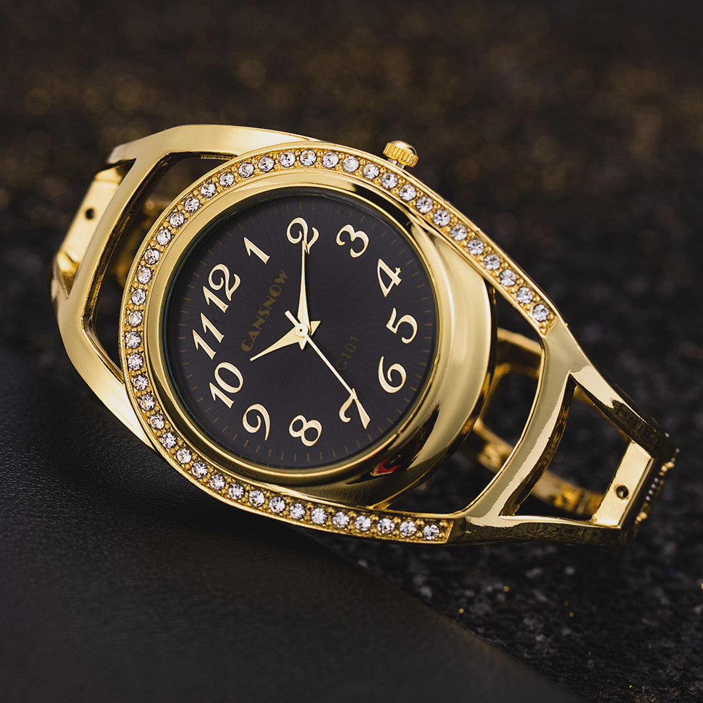 Cansnow Vintage Polished Stainless Steel Watch with Rhinestone Round Case