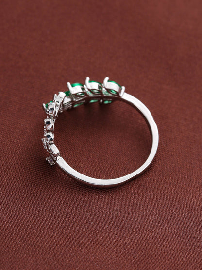 Adjustable Silver Ring with Green Crystal Leaves - Liora