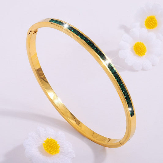 Gold Bangle Bracelet with Green Crystals - Mirella