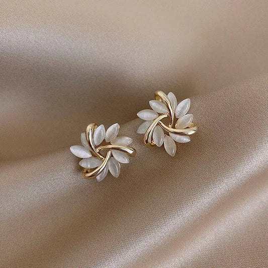 White Opal Gold Leaf Stud Earrings – Limited Edition Enamel Collection