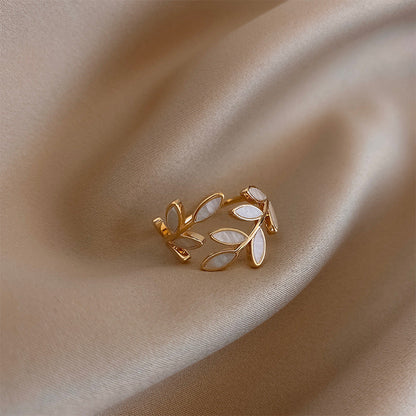 Adjustable Gold Leaf Ring with White Opal