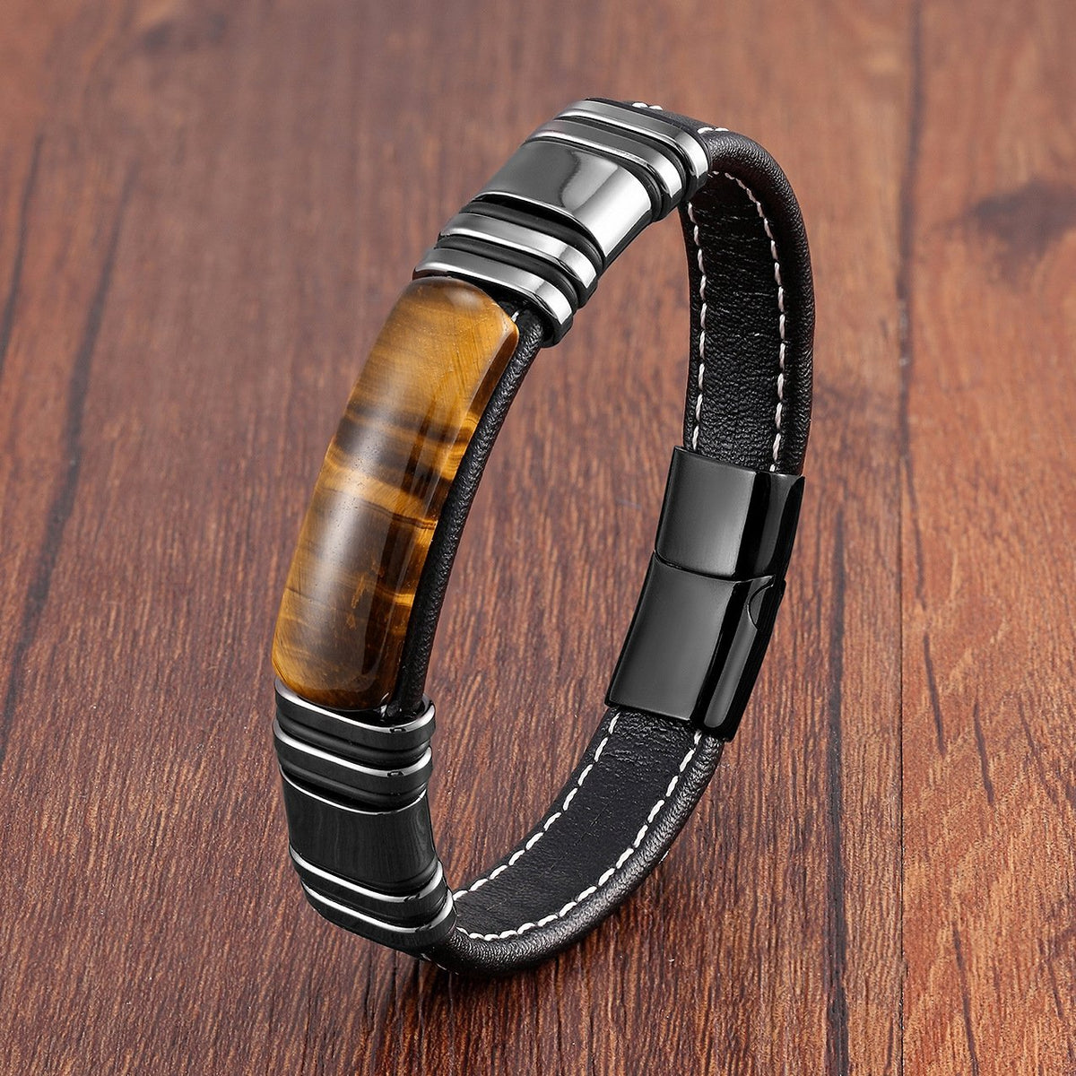 Men's Leather Bracelet with Magnetic Stainless Steel Clasp - Vulcan