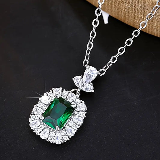 Evania Silver Necklace with Green Cubic Zirconia Rectangle Pendant