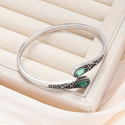 Open Silver Bracelet with Ethnic Details and Green Stones - Delilah