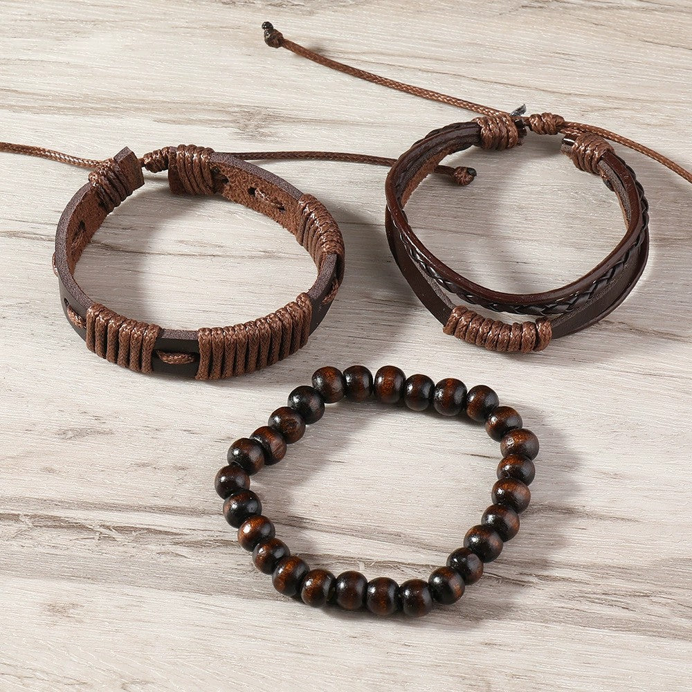 Men's 3-Piece Tribal Waxed Cord and Leather Bracelet Set - Terrakai