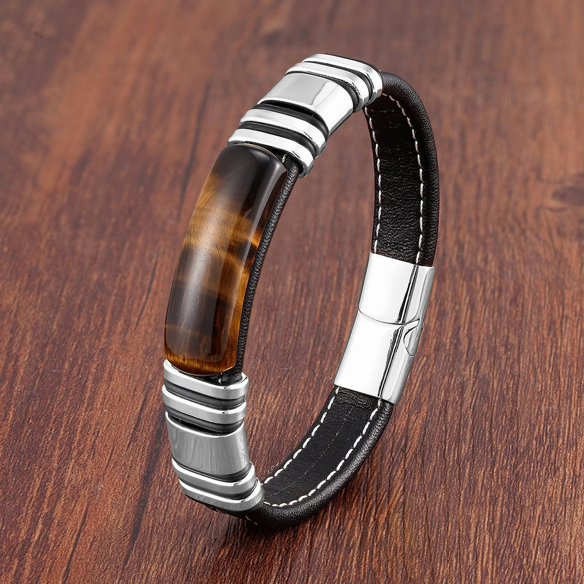 Men's Leather Bracelet with Magnetic Stainless Steel Clasp - Vulcan