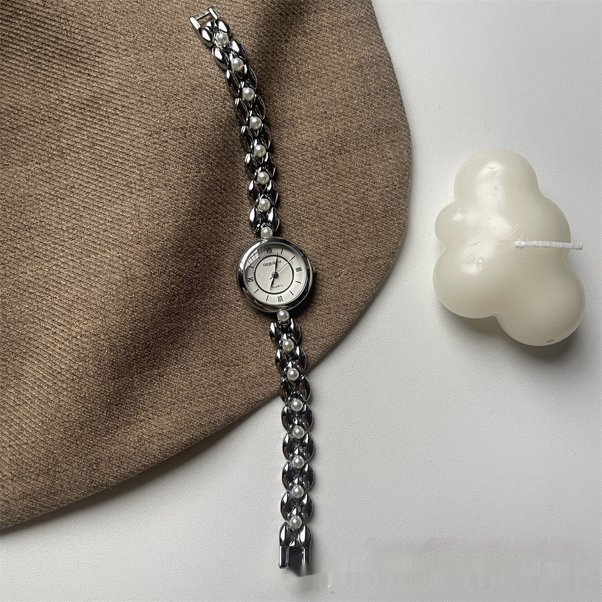 Women's Beaded Metal Bracelet Watch with Small Round Roman Numeral Dial