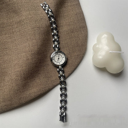 Women's Beaded Metal Bracelet Watch with Small Round Roman Numeral Dial