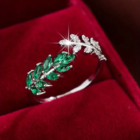 Adjustable Silver Ring with Green Crystal Leaves - Liora