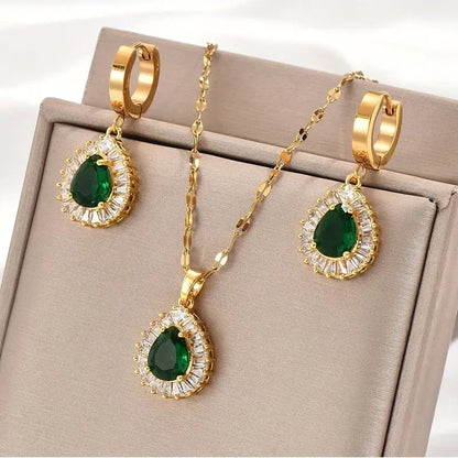Green Cubic Zirconia Necklace and Drop Earrings Set - Valenne