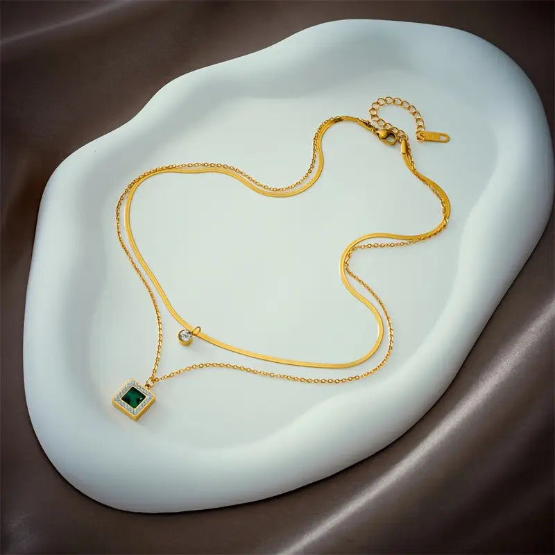 Althea Gold-Plated Double Necklace with Green Crystal Pendants
