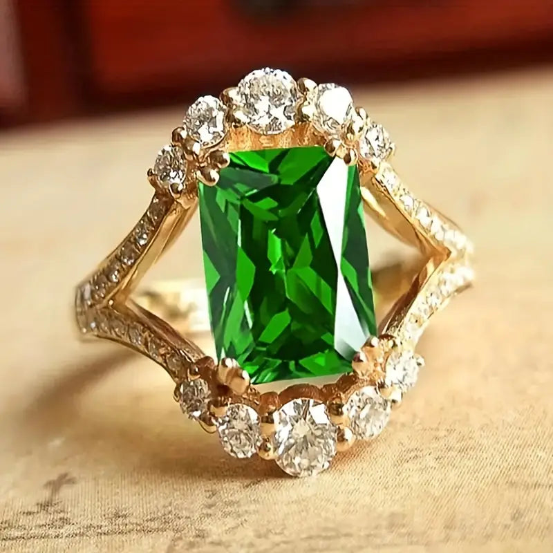 Gold Ring with Rectangular Green Crystal - Lorien