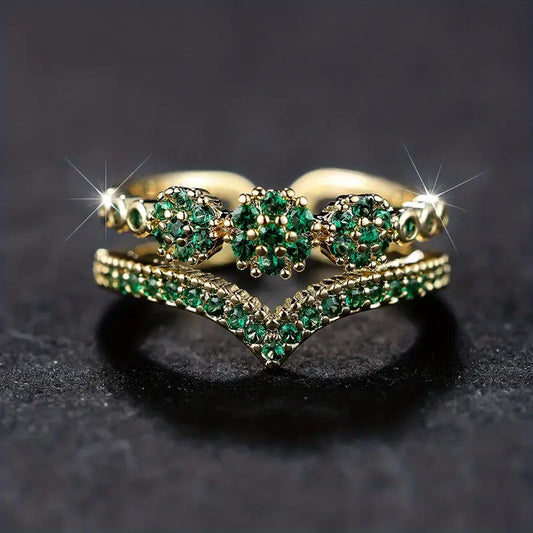 Gold Double Band Ring with Green Crystals - Saphyra