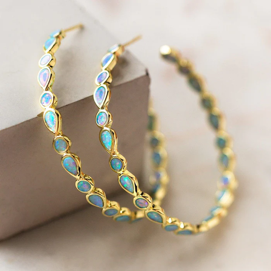 Vintage Gold Circle Earrings with Blue Opal