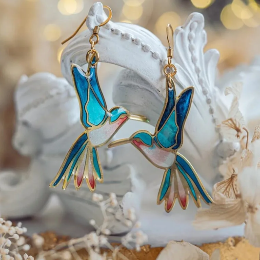 Gold Hummingbird Blue Enamel Drop Earrings Artisan Collection Limited Edition