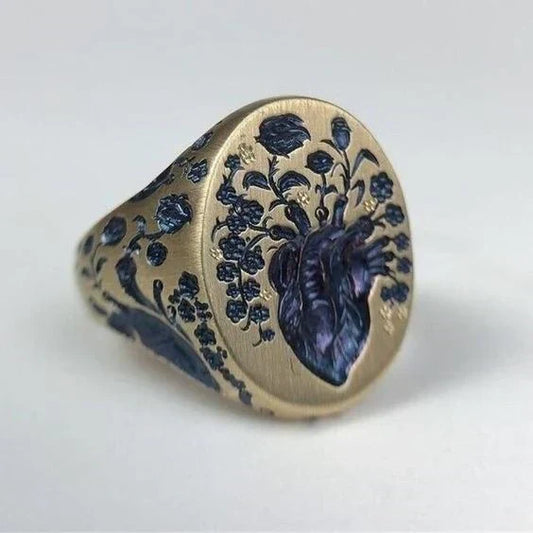 Vintage Gold Signet Ring with Blue Floral Seal