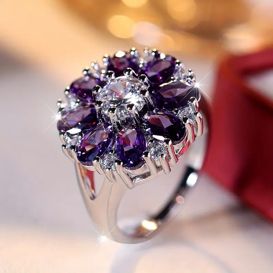 Vintage Silver Ring with Purple Daisy