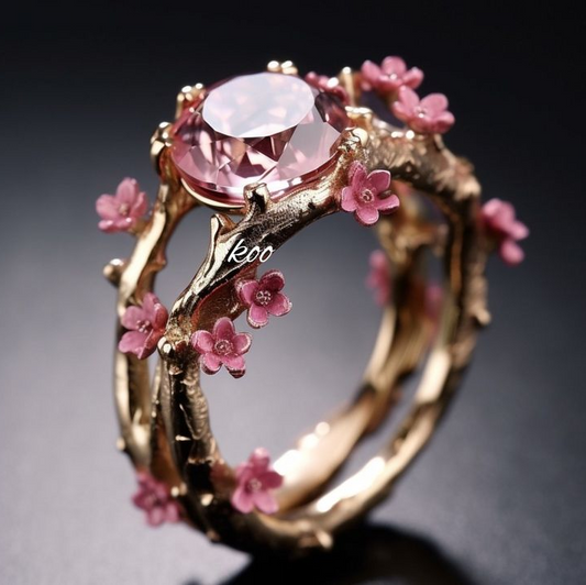 Exotic Gold Crystal Pink Flower Ring