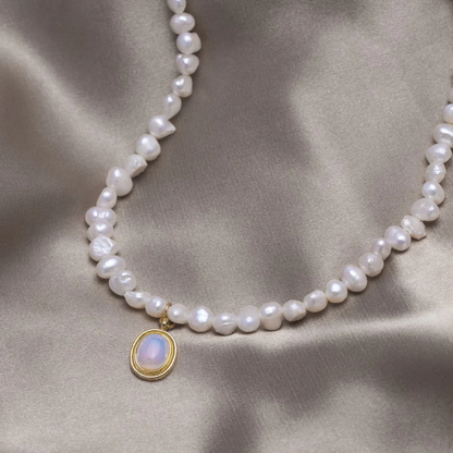 Gold Pearl Necklace with Moonstone