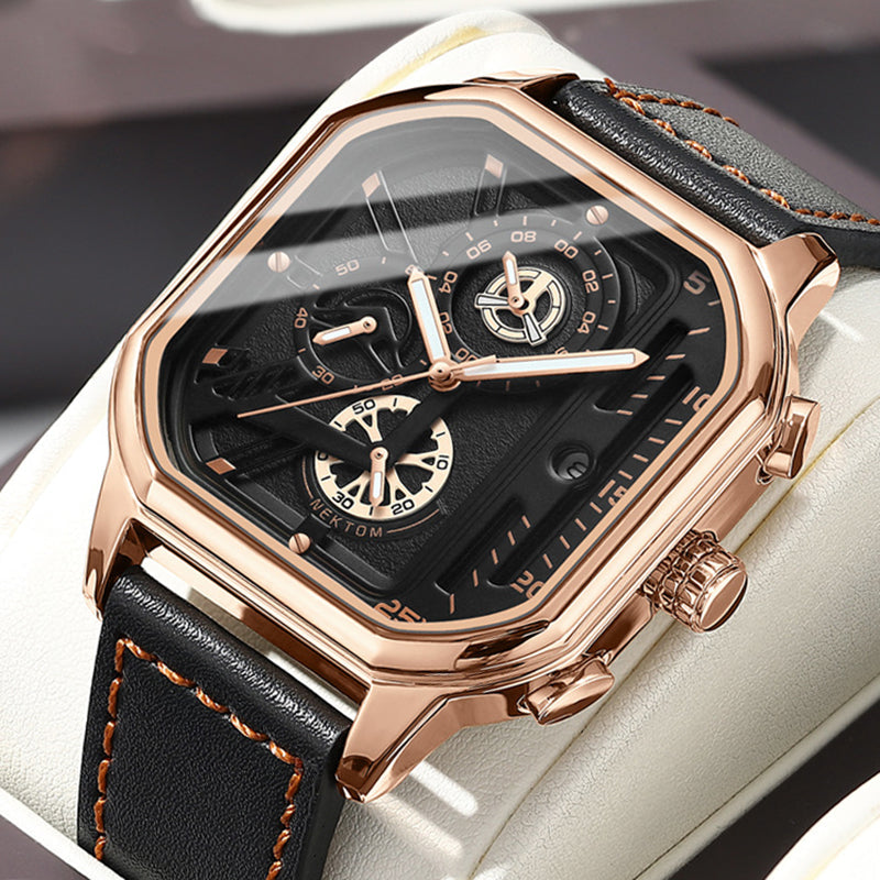ChronoLux Square Stainless Steel Watch with Leather Strap