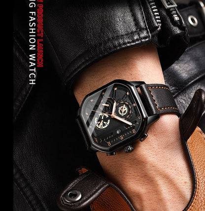 ChronoLux Square Stainless Steel Watch with Leather Strap