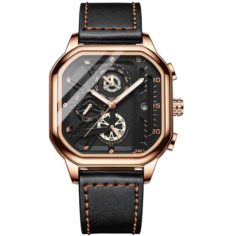 ChronoLux Square Stainless Steel Watch with Leather Strap