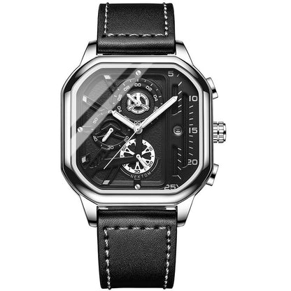 ChronoLux Square Stainless Steel Watch with Leather Strap